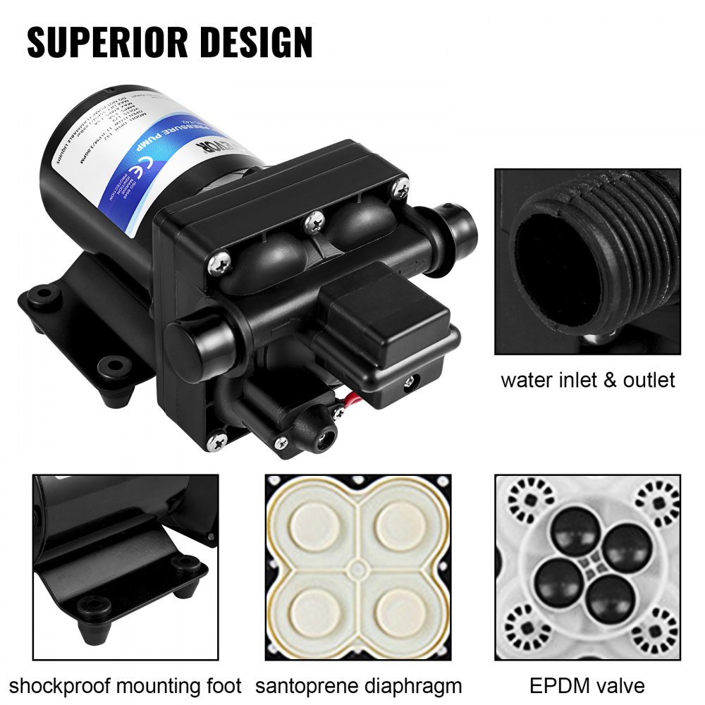 VEVOR Fresh Water Pump, 12 V Self Priming Sprayer Pump, 11 L/min(3 GPM) RV Water Pump, with Pressure Switch 3.8 bar(55 PSI) Self Priming Water Pump, Detachable Strainer 12V Diaphragm Pump, for RV Camper Marine Boat Lawn