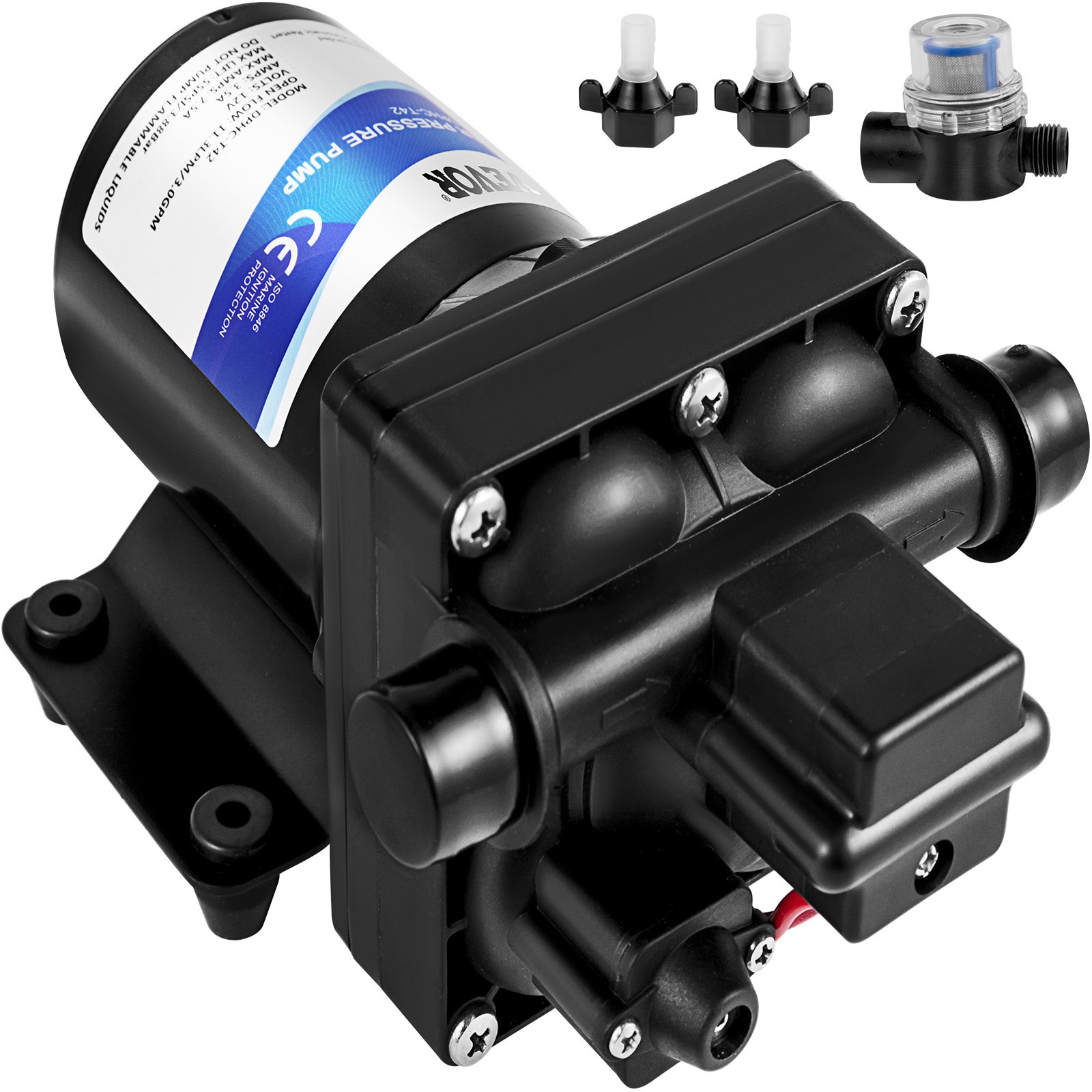 VEVOR Fresh Water Pump, 12 V Self Priming Sprayer Pump, 11 L/min(3 GPM) RV Water Pump, with Pressure Switch 3.8 bar(55 PSI) Self Priming Water Pump, Detachable Strainer 12V Diaphragm Pump, for RV Camper Marine Boat Lawn