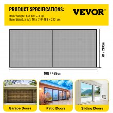 VEVOR Garage Door Screen Garage Net 16 x 7 ft for 2-Car Magnet Bottom Heavy-Duty