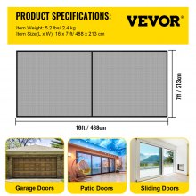 VEVOR Moustiquaire de porte de garage, 16 x 7 pieds pour 2 voitures, 5,2 lb, maille en fibre de verre robuste pour une entrée rapide avec aimant auto-scellant et fond lesté, adapté aux enfants/animaux domestiques, facile à installer et rétractable