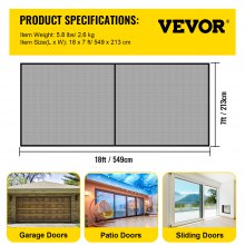 VEVOR Garage Door Screen, 18 x 7 ft for 2 Cars, 5.8 lbs Heavy-Duty Fiberglass Mesh for Quick Entry with Self Sealing Magnet and Weighted Bottom, Kids / Pets Friendly, Easy to Install and Retractable