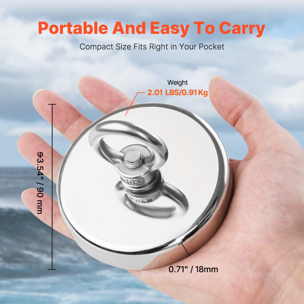 VEVOR Fishing Magnet, 1000 LBS/454 Kg Pulling Force Super Strong Neodymium Fishing Magnet, Rare Earth Magnet with Handle Diameter 2.72 in/69 mm for Retrieving in River, Magnetic Fishing, Heavy Hanging