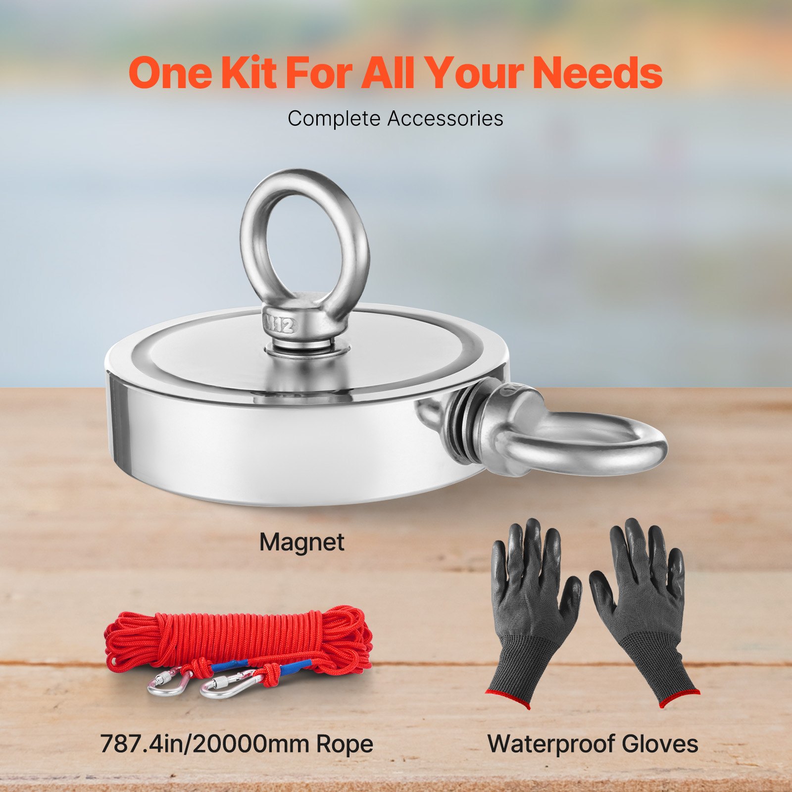 VEVOR Magnet Fishing Kit, 2000 LBS/907 Kg Double-Sided Pulling Force Strong Magnet Fishing Kit, Rare Earth Neodymium Magnetic Fishing Kit Includes Grappling Hook, Heavy Duty Rope, Gloves and Eyebolt