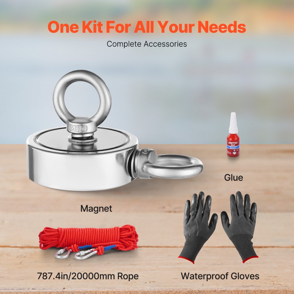 VEVOR Magnet Fishing Kit, 1000 LBS/454 Kg Double-Sided Pulling Force Strong Magnet Fishing Kit, Rare Earth Neodymium Magnetic Fishing Kit Includes Grappling Hook, Heavy Duty Rope, Gloves and Eyebolt