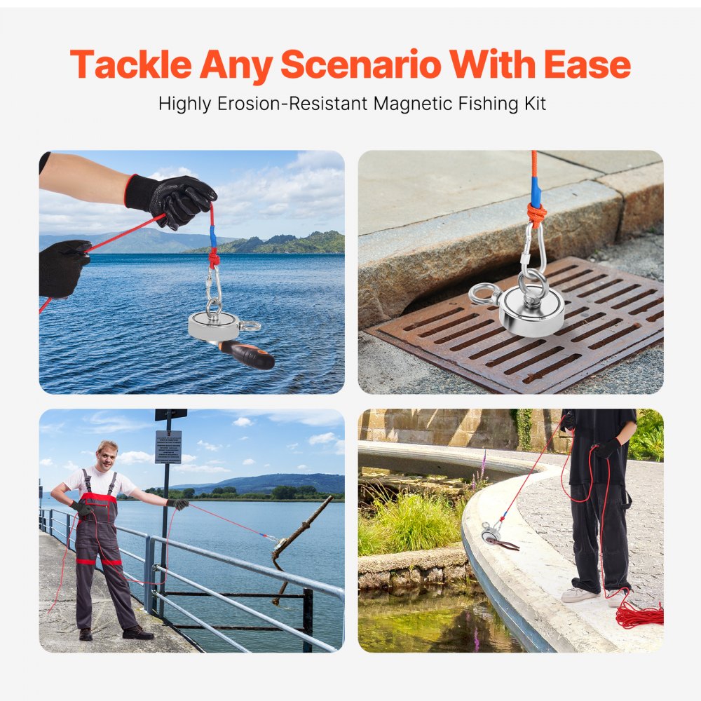 VEVOR Magnet Fishing Kit, 1000 LBS/454 Kg Double-Sided Pulling Force Strong Magnet Fishing Kit, Rare Earth Neodymium Magnetic Fishing Kit Includes Grappling Hook, Heavy Duty Rope, Gloves and Eyebolt