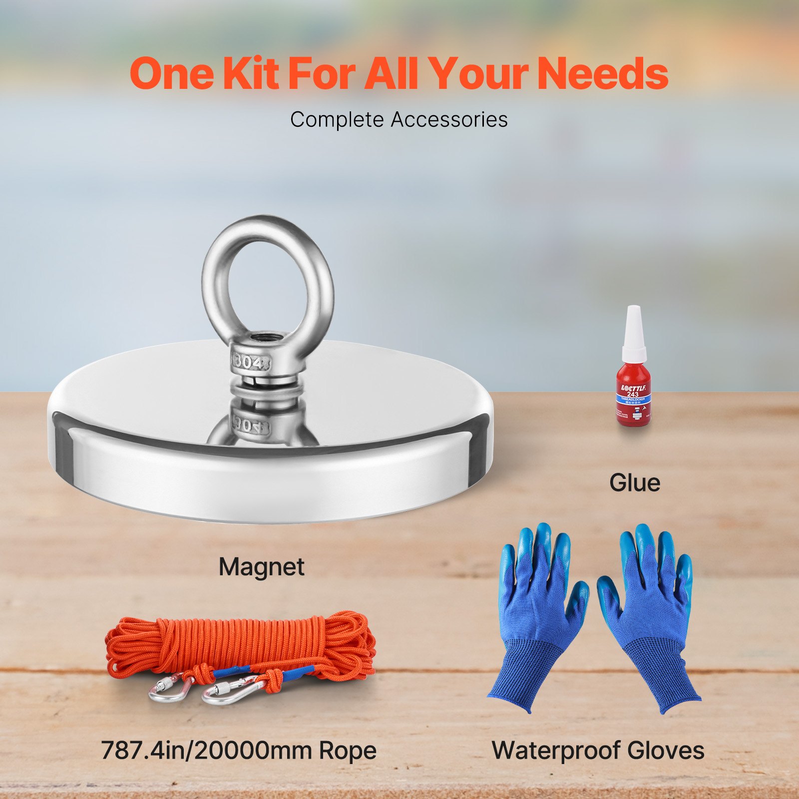 VEVOR Magnet Fishing Kit, 1300 LBS/590 Kg Single-Sided Pulling Force Strong Magnet Fishing Kit, Rare Earth Neodymium Magnetic Fishing Kit Includes Grappling Hook, Heavy Duty Rope, Gloves and Eyebolt
