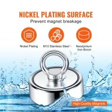 VEVOR Kit de pesca con imán, imanes de pesca de doble cara de 1200 libras y 2,95 pulgadas de diámetro, fuerte imán de neodimio con cuerda resistente de 65 pies, gancho de agarre, estuche impermeable, guantes, fijador de roscas, perno de ojo