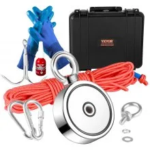 VEVOR Kit de pesca con imán, imanes de pesca de doble cara de 1200 libras y 2,95 pulgadas de diámetro, fuerte imán de neodimio con cuerda resistente de 65 pies, gancho de agarre, estuche impermeable, guantes, fijador de roscas, perno de ojo