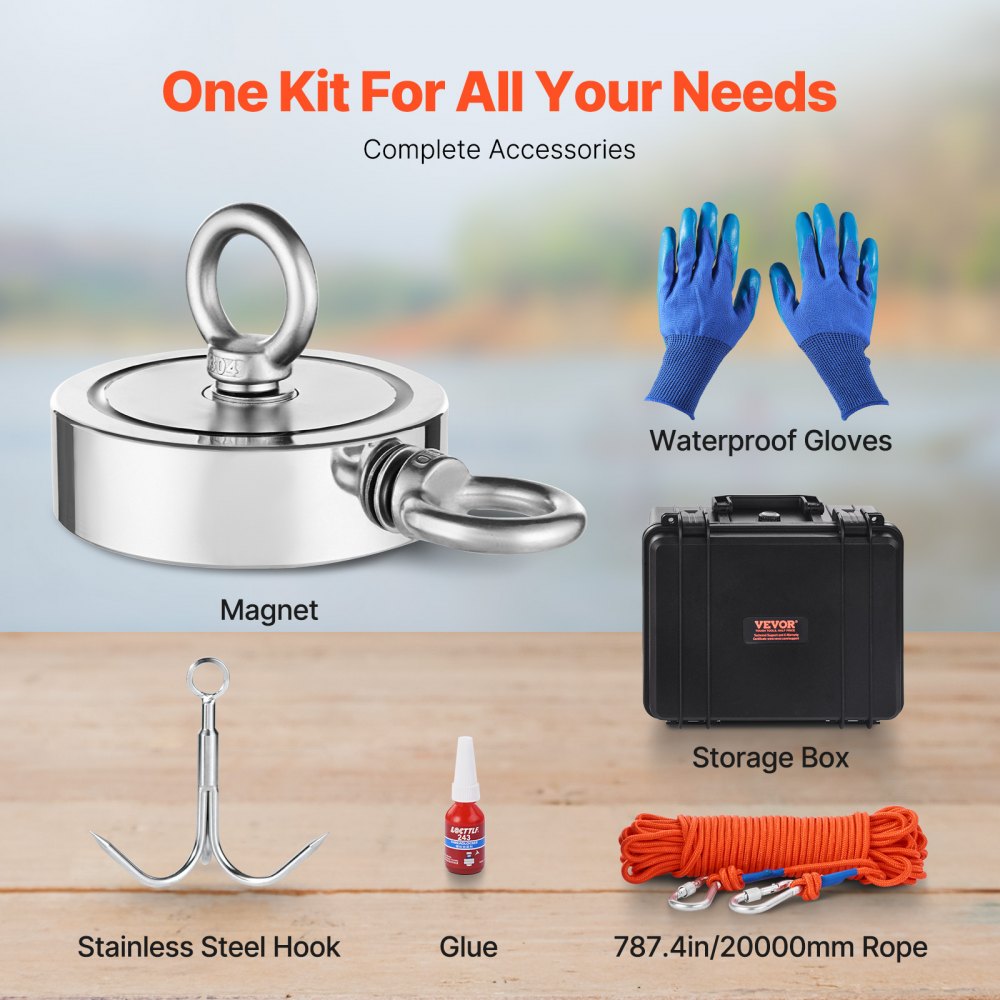 VEVOR Magnet Fishing Kit, 1400 LBS/635 Kg Double-Sided Pulling Force Magnet Fishing Kit, Rare Earth Neodymium Magnetic Fishing Kit Includes Grappling Hook, Heavy Duty Rope, Gloves, Eyebolt, Carry Case