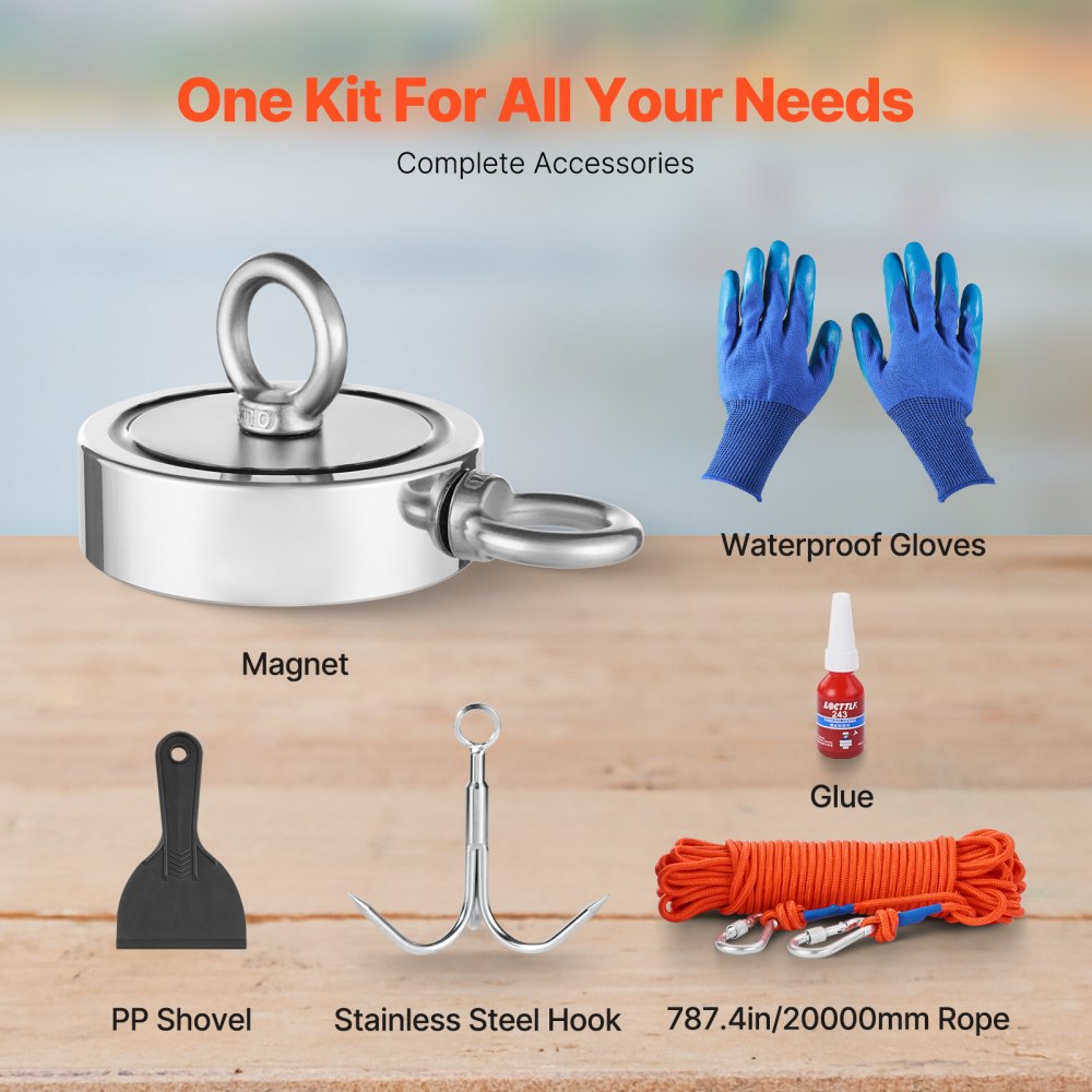VEVOR Magnet Fishing Kit, 1700 LBS/771 Kg Double-Sided Pulling Force Strong Magnet Fishing Kit, Rare Earth Neodymium Magnetic Fishing Kit Includes Grappling Hook, Heavy Duty Rope, Gloves and Eyebolt
