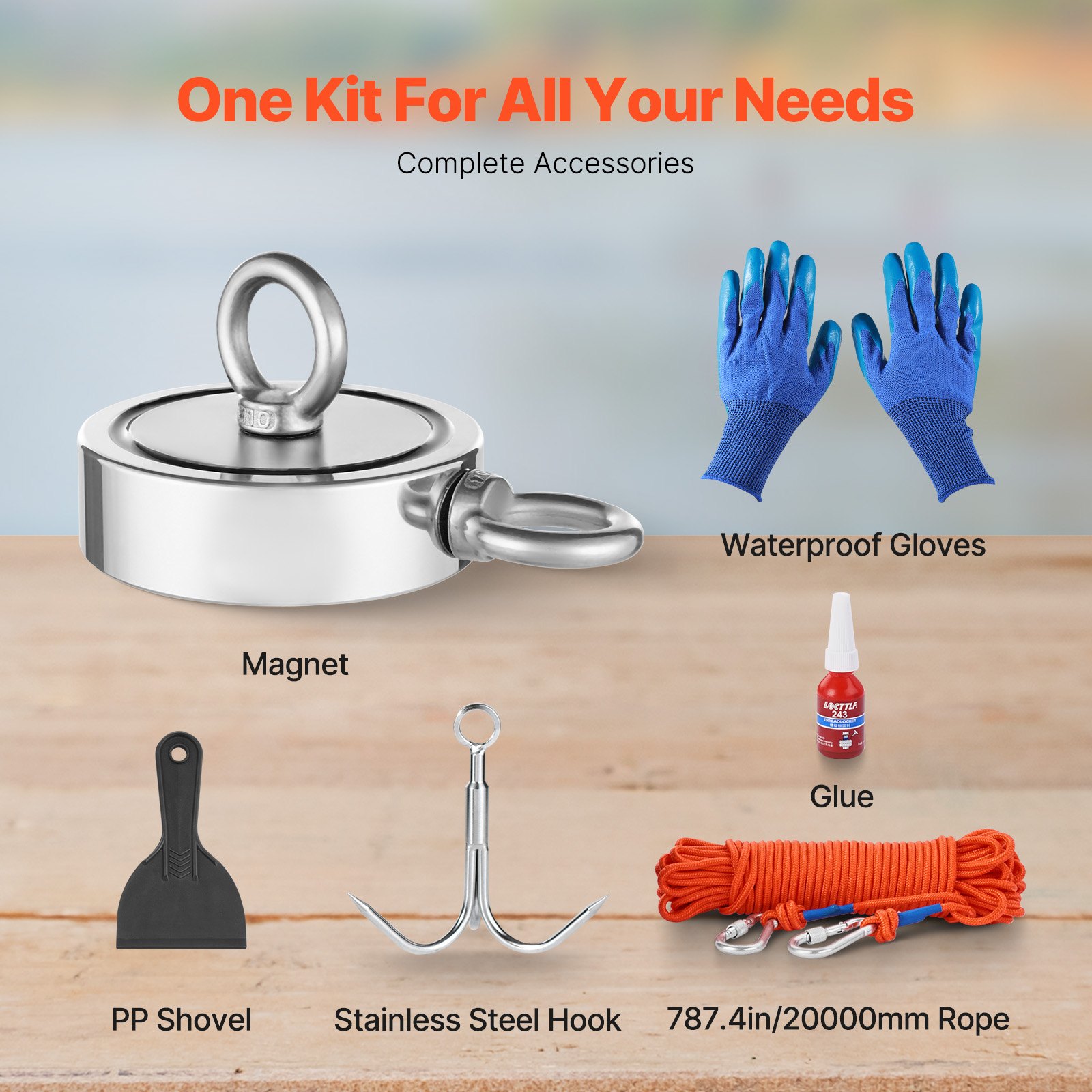 VEVOR Magnet Fishing Kit, 1700 LBS/771 Kg Double-Sided Pulling Force Strong Magnet Fishing Kit, Rare Earth Neodymium Magnetic Fishing Kit Includes Grappling Hook, Heavy Duty Rope, Gloves and Eyebolt
