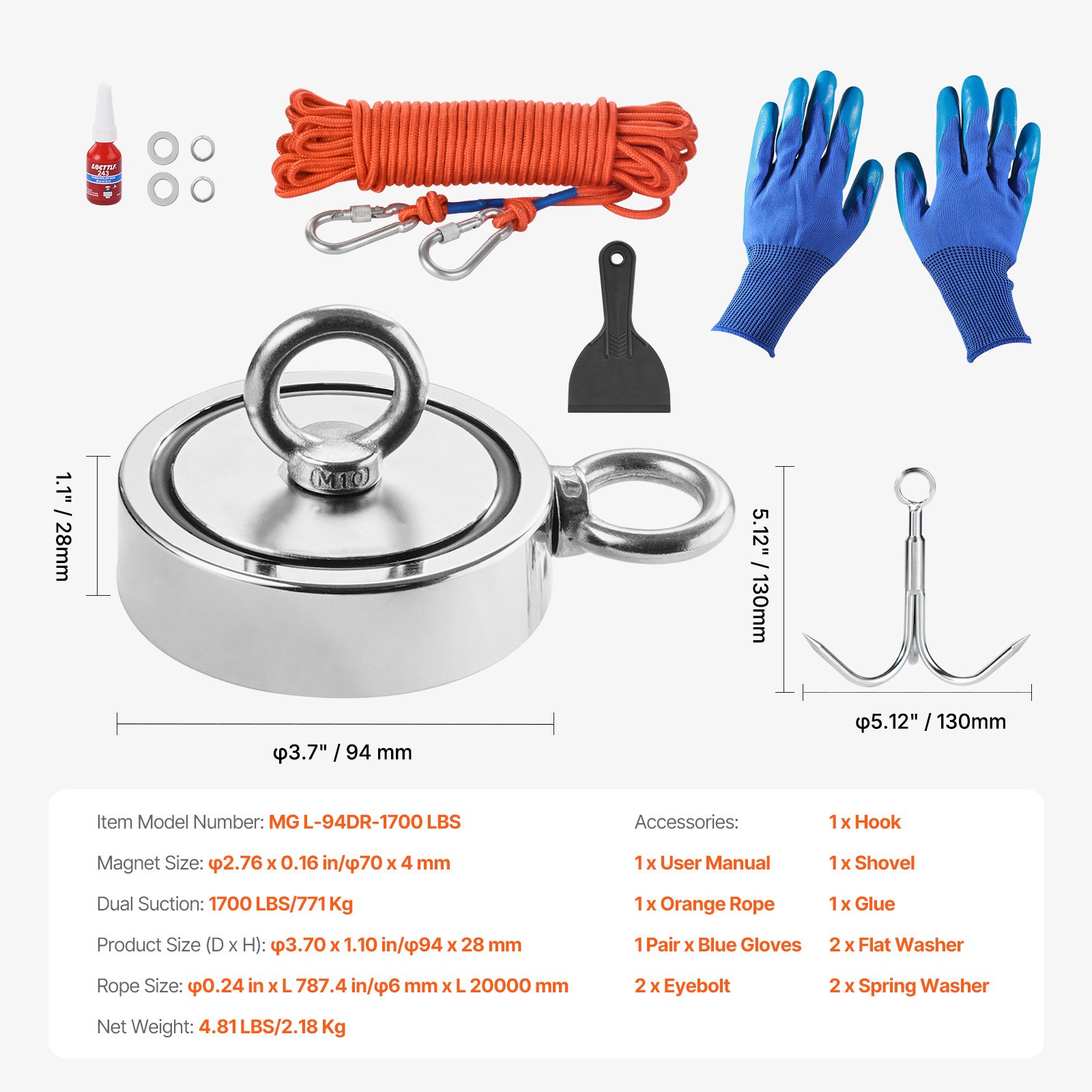 VEVOR Magnet Fishing Kit, 1700 LBS/771 Kg Double-Sided Pulling Force Strong Magnet Fishing Kit, Rare Earth Neodymium Magnetic Fishing Kit Includes Grappling Hook, Heavy Duty Rope, Gloves and Eyebolt