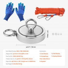 2000 LBS Strong Fishing Magnet Kit Double Sided Pull Force and Rope Carabiner