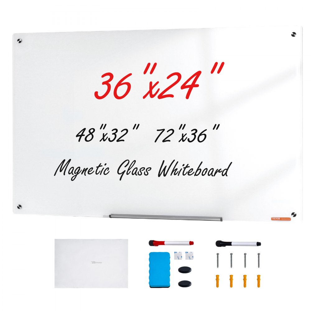 VEVOR mágneses üvegtábla, száraz törölhető tábla 36"x24", falra szerelhető nagy fehér üvegtábla, keret nélküli, jelölőtálcával, radírral és 2 jelölővel, fehér