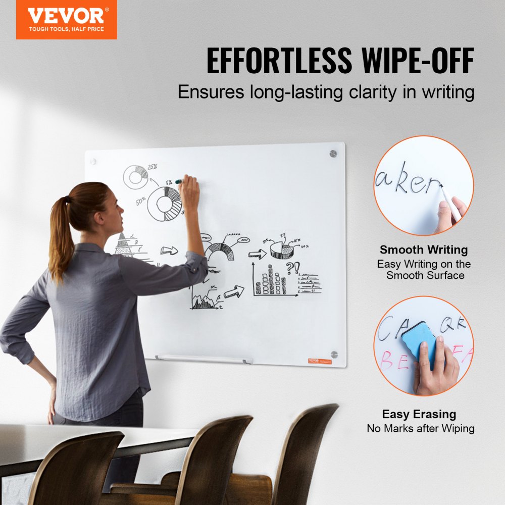 VEVOR Magnetic Glass Whiteboard, Dry Erase Board 900 x 600 mm, Wall-Mounted Large White Glassboard Frameless, with Marker Tray, an Eraser and 2 Markers, White