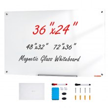 Tablă albă din sticlă magnetică VEVOR, tablă cu ștergere uscată 36"x24", tablă mare de sticlă albă, montată pe perete, fără cadru, cu tavă de marcare, o gumă de șters și 2 marcatoare, alb