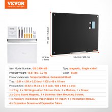 VEVOR Magnetic Glass Whiteboard, Dry Erase Board 36"x24", vægmonteret stor hvid glasplade uden ramme, med markeringsbakke, et viskelæder og 2 markører, sort