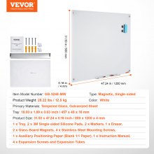 Magnetická skleněná tabule VEVOR, tabule pro suché mazání 48" x 32", nástěnná velká bílá skleněná tabule bez rámu, se zásobníkem na značky, gumou a 2 popisovači, bílá