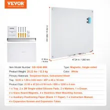 VEVOR Magnetic Glass Whiteboard, Dry Erase Board 48"x32", Wall-Mounted Large White Glassboard Frameless, with Marker Tray, an Eraser and 2 Markers, White