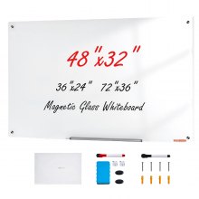 VEVOR Magnetic Glass Whiteboard, Dry Erase Board 48"x32", Wall-Mounted Large White Glassboard Frameless, with Marker Tray, an Eraser and 2 Markers, White