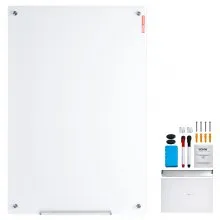 VEVOR Magnetic Glass Whiteboard, Dry Erase Board 48"x32", Wall-Mounted Large White Glassboard Frameless, with Marker Tray, an Eraser and 2 Markers, White