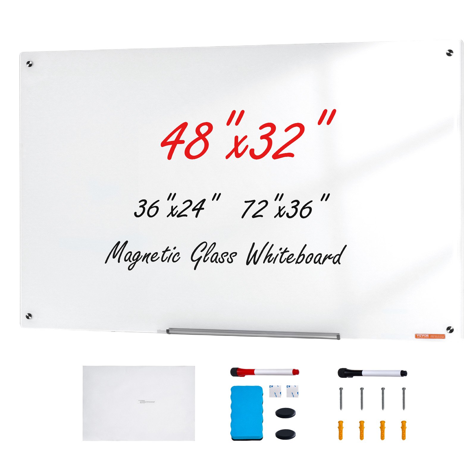 VEVOR Magnetic Glass Whiteboard, Dry Erase Board 1200 x 800 mm, Wall-Mounted Large White Glassboard Frameless, with Marker Tray, an Eraser and 2 Markers, White