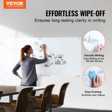 VEVOR Magnetic Glass Whiteboard, Dry Erase Board 72"x36", vægmonteret stor hvid glasplade uden ramme, med markeringsbakke, et viskelæder og 2 markører, hvid
