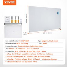 VEVOR Magnetic Glass Whiteboard, Dry Erase Board 72"x36", veggmontert stor hvit glasstavle uten ramme, med markeringsbrett, et viskelær og 2 markører, hvit