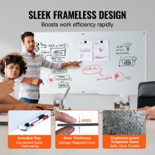 Whiteboard VEVOR Magnetic Glass, Dry Erase Board 72"x36", Επιτοίχια Μεγάλη Λευκή Γυάλινη Πίνακας χωρίς πλαίσιο, με Δίσκο μαρκαδόρου, Γόμα και 2 Μαρκαδόρους, Λευκό