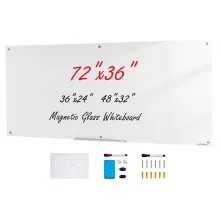 VEVOR Magnetic Glass Whiteboard, Dry Erase Board 72"x36", Wall-Mounted Large White Glassboard Frameless, with Marker Tray, an Eraser and 2 Markers, White