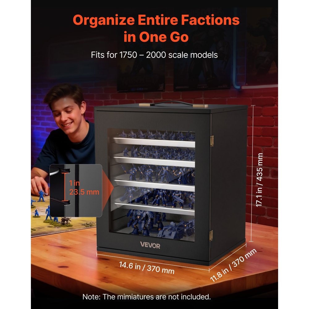 VEVOR Miniatures Storage Case, Fits for 1:1750-1:2000 Scale Models, Wooden Miniatures Display Holder with 5 Tray & 13 Slots, Clear View Miniature Transport Case for Collectibles (Minis Not Included)