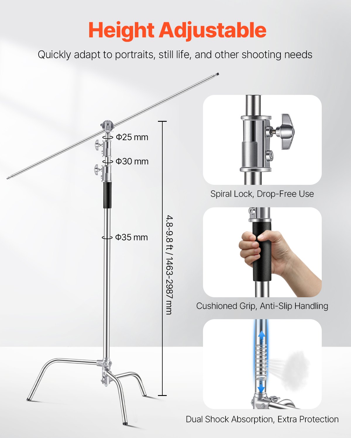 VEVOR C Stand, Max Height 10.83 ft/330 cm, Stainless Steel Heavy Duty Photography Light Stand with 1463-2987 mm Adjustable Height, 44 lbs/20 kg Load Capacity for Studio Softbox, Monolight, Reflector