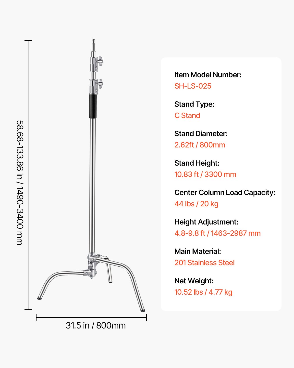 VEVOR C Stand, Max Height 10.83 ft/330 cm, Stainless Steel Heavy Duty Photography Light Stand with 1463-2987 mm Adjustable Height, 44 lbs/20 kg Load Capacity for Studio Softbox, Monolight, Reflector