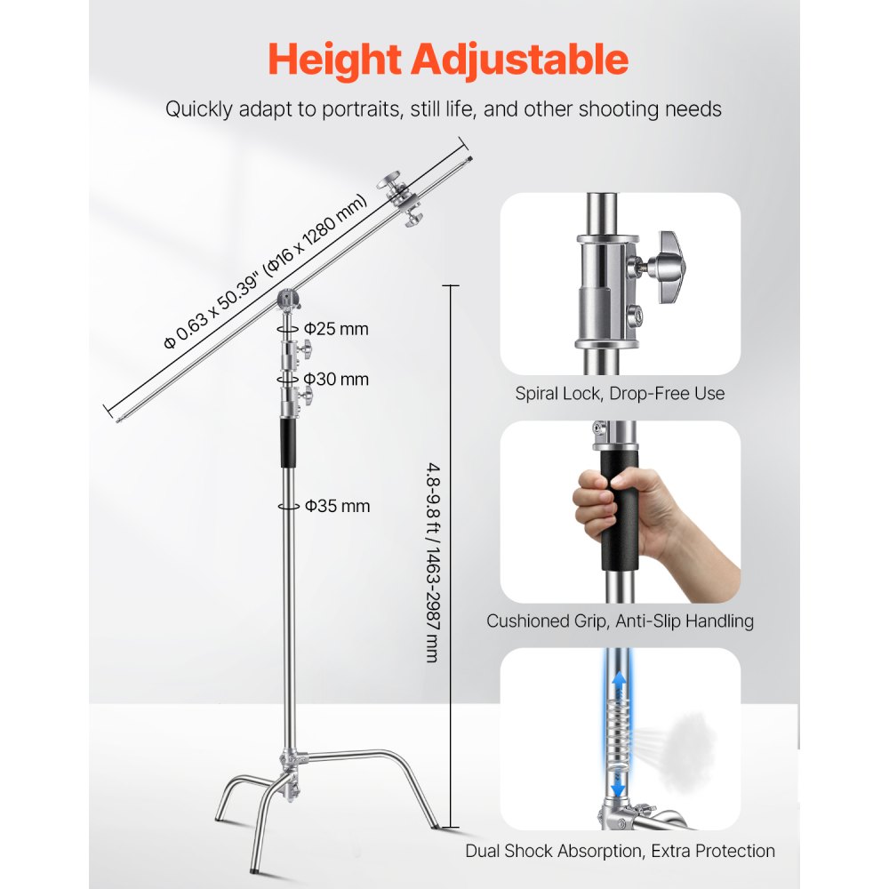 VEVOR C Stand with Boom Arm, Max Height 10.83 ft/330 cm, Stainless Steel Heavy Duty Photography Light Stand with 4.8-9.8 ft Adjustable Height, 2 Grip Head for Studio Monolight, Softbox, Reflector