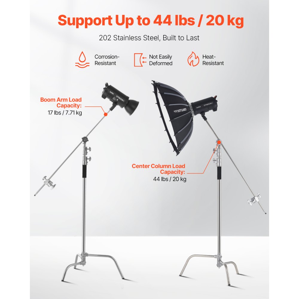 VEVOR C Stand with Boom Arm, Max Height 10.83 ft/330 cm, Stainless Steel Heavy Duty Photography Light Stand with 4.8-9.8 ft Adjustable Height, 2 Grip Head for Studio Monolight, Softbox, Reflector