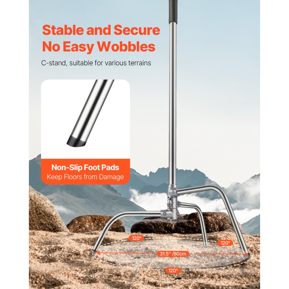 VEVOR C Stand with Boom Arm, Max Height 10.83 ft/330 cm, Stainless Steel Heavy Duty Photography Light Stand with 4.8-9.8 ft Adjustable Height, 2 Grip Head for Studio Monolight, Softbox, Reflector