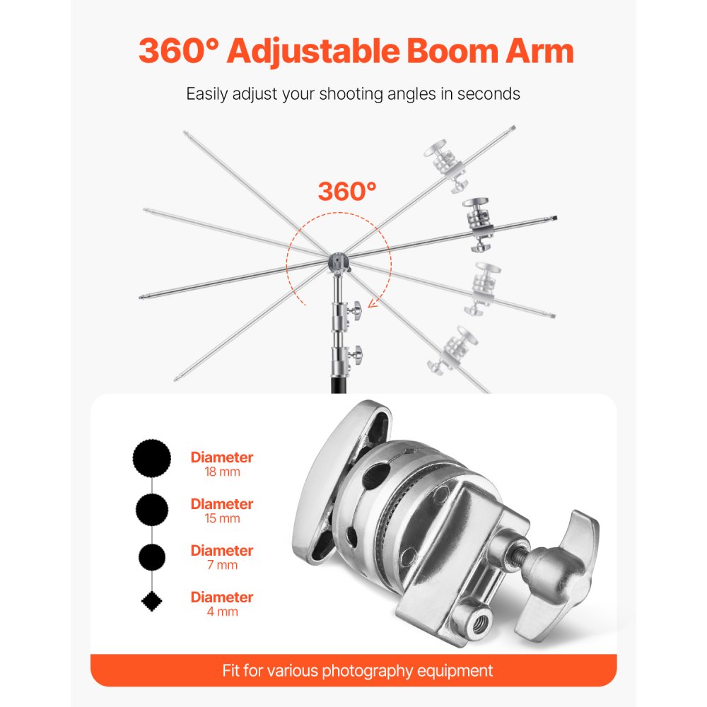 VEVOR C Stand with Boom Arm, Max Height 10.83 ft/330 cm, Stainless Steel Heavy Duty Photography Light Stand with 4.8-9.8 ft Adjustable Height, 2 Grip Head for Studio Monolight, Softbox, Reflector
