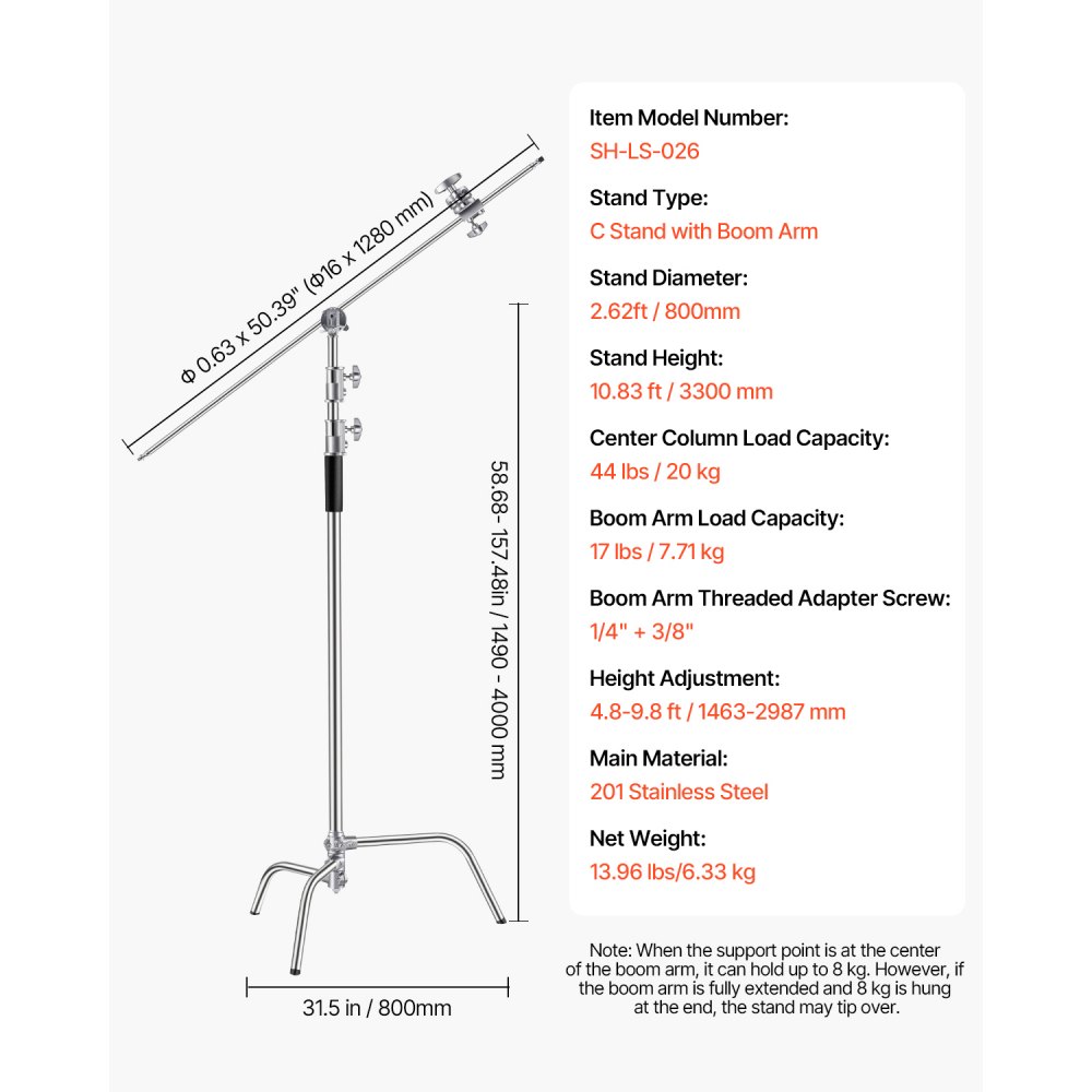 VEVOR C Stand with Boom Arm, Max Height 10.83 ft/330 cm, Stainless Steel Heavy Duty Photography Light Stand with 4.8-9.8 ft Adjustable Height, 2 Grip Head for Studio Monolight, Softbox, Reflector