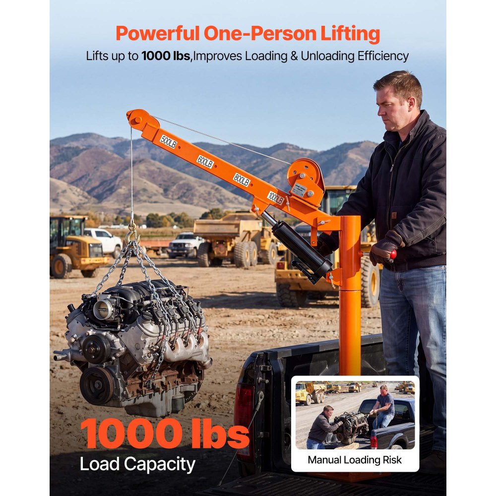 VEVOR Truck Crane, 453.6 kg Manual Pickup Hitch Crane Truck-Mounted with Hand Winch & 8T Hydraulic Jack, 360° Rotating Telescopic Boom, Foldable Truck Bed Jib for Machine Lumber Equipment Lifting