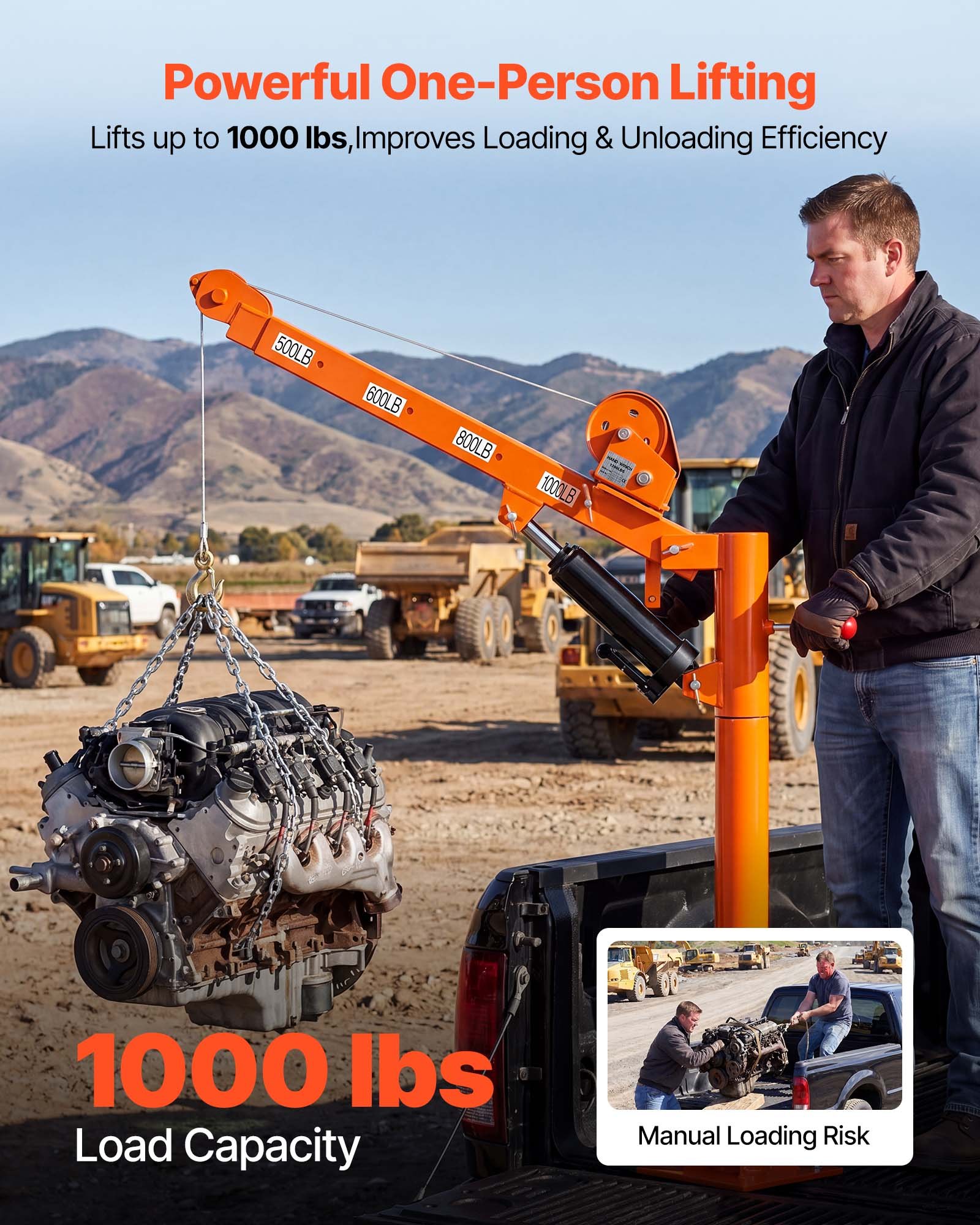 VEVOR Truck Crane, 453.6 kg Manual Pickup Hitch Crane Truck-Mounted with Hand Winch & 8T Hydraulic Jack, 360° Rotating Telescopic Boom, Foldable Truck Bed Jib for Machine Lumber Equipment Lifting