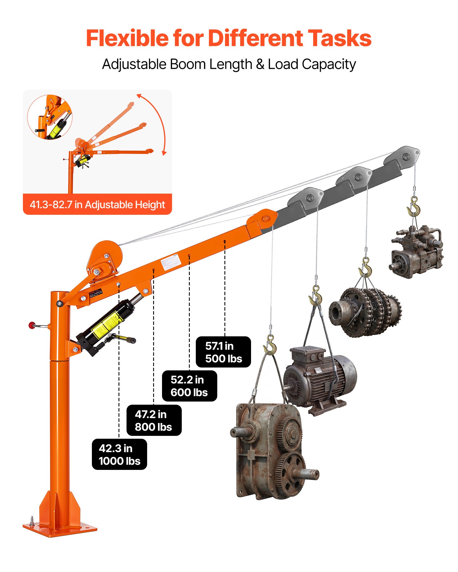 VEVOR Truck Crane, 453.6 kg Manual Pickup Hitch Crane Truck-Mounted with Hand Winch & 8T Hydraulic Jack, 360° Rotating Telescopic Boom, Foldable Truck Bed Jib for Machine Lumber Equipment Lifting