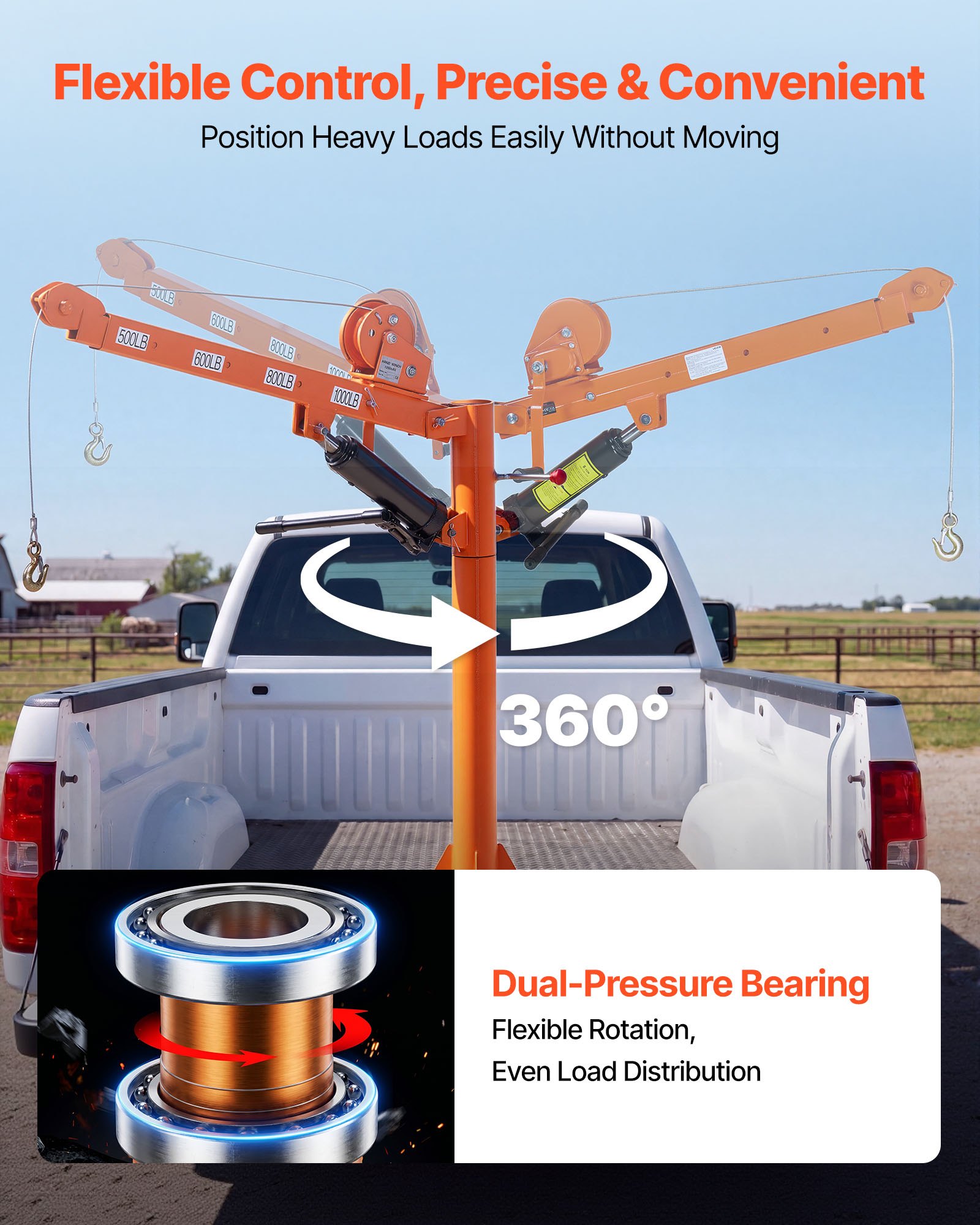 VEVOR Truck Crane, 453.6 kg Manual Pickup Hitch Crane Truck-Mounted with Hand Winch & 8T Hydraulic Jack, 360° Rotating Telescopic Boom, Foldable Truck Bed Jib for Machine Lumber Equipment Lifting