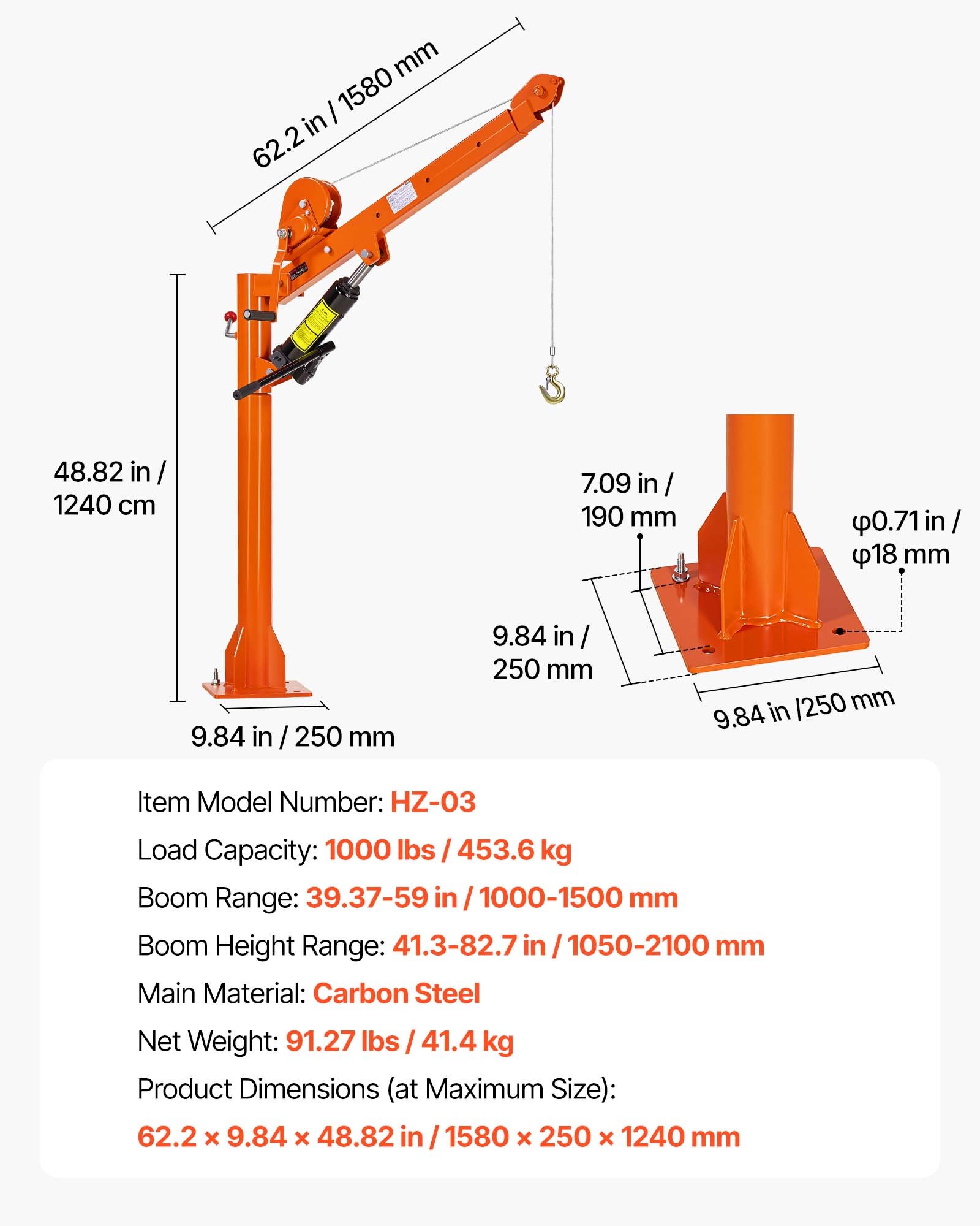 VEVOR Truck Crane, 453.6 kg Manual Pickup Hitch Crane Truck-Mounted with Hand Winch & 8T Hydraulic Jack, 360° Rotating Telescopic Boom, Foldable Truck Bed Jib for Machine Lumber Equipment Lifting