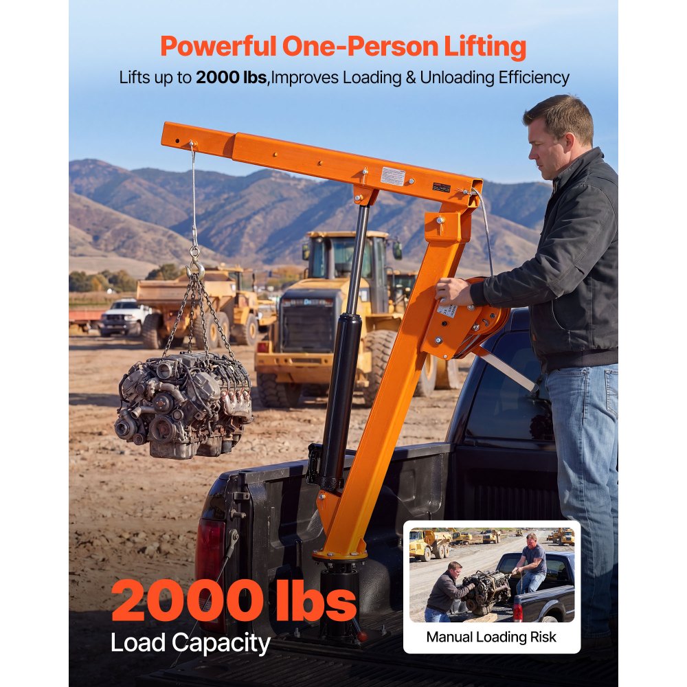 VEVOR Truck Crane, 907.2 kg Manual Pickup Truck Crane Truck-Mounted with Hand Winch & 12T Hydraulic Jack, 360° Rotating Telescopic Boom, Foldable Truck Bed Jib for Machine Lumber Equipment Lifting