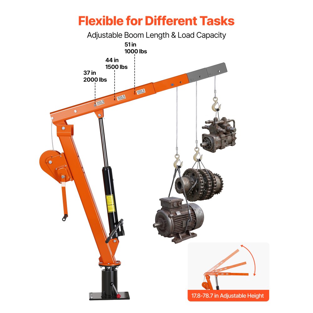 VEVOR Truck Crane, 907.2 kg Manual Pickup Truck Crane Truck-Mounted with Hand Winch & 12T Hydraulic Jack, 360° Rotating Telescopic Boom, Foldable Truck Bed Jib for Machine Lumber Equipment Lifting