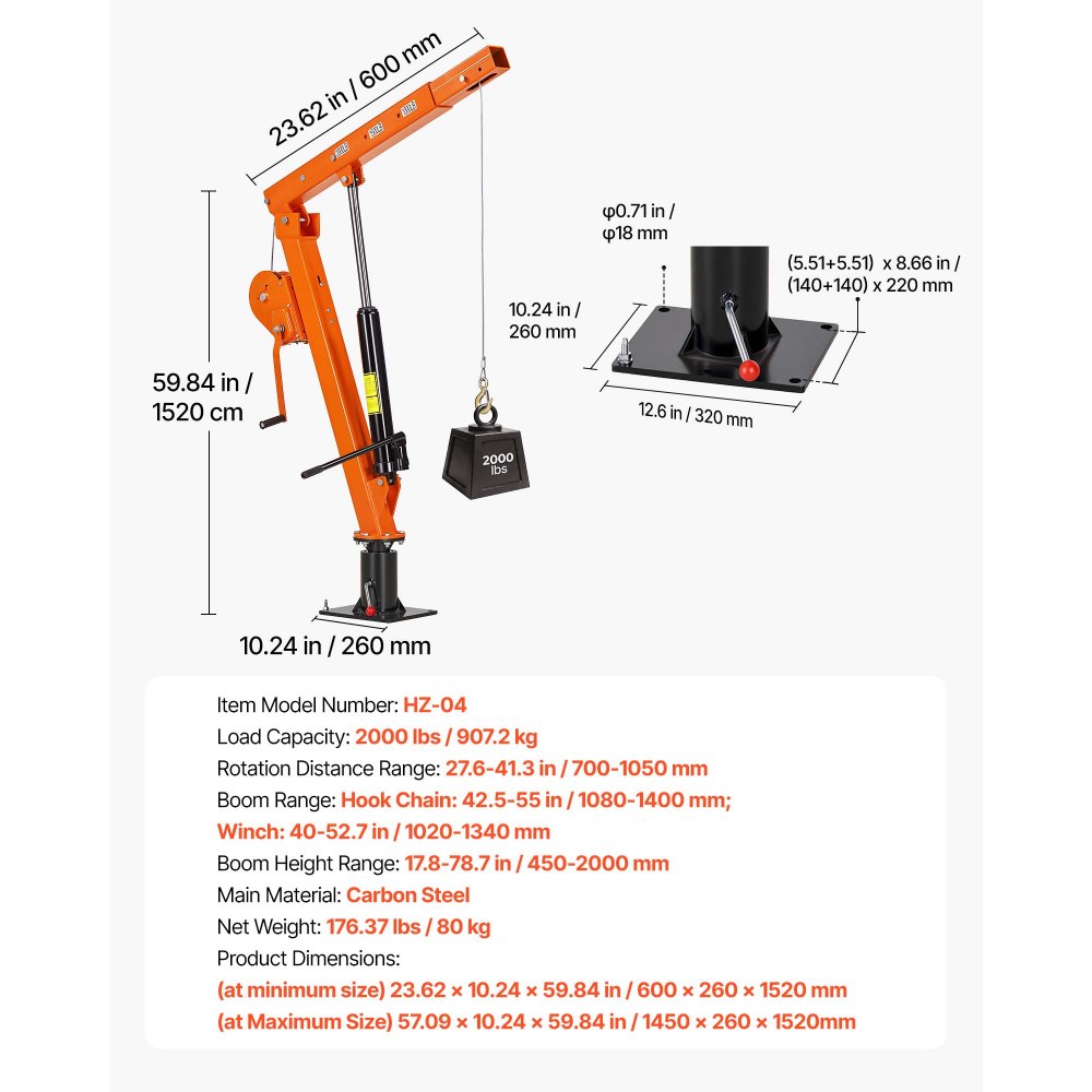 VEVOR Truck Crane, 907.2 kg Manual Pickup Truck Crane Truck-Mounted with Hand Winch & 12T Hydraulic Jack, 360° Rotating Telescopic Boom, Foldable Truck Bed Jib for Machine Lumber Equipment Lifting