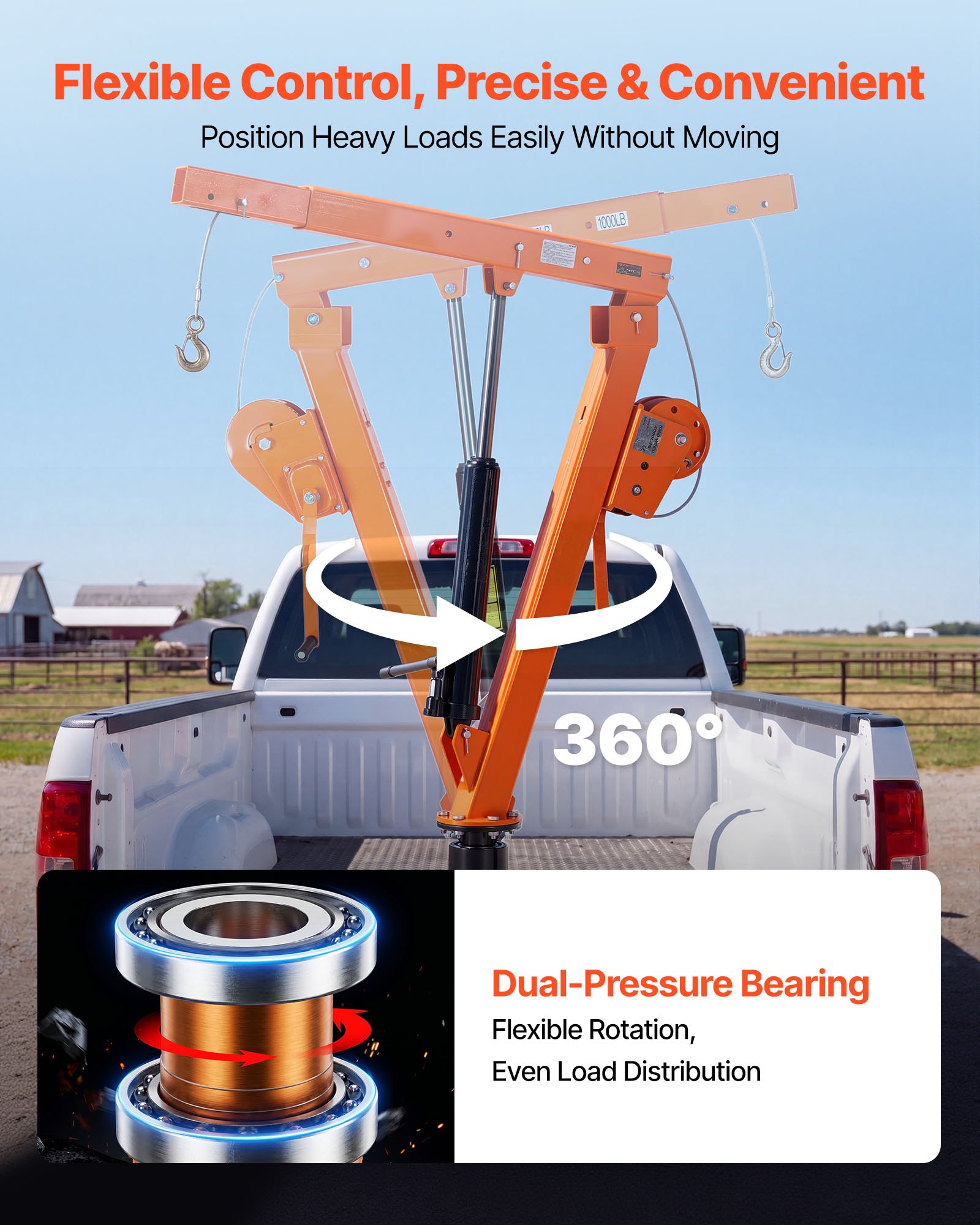 VEVOR Truck Crane, 907.2 kg Manual Pickup Truck Crane Truck-Mounted with Hand Winch & 12T Hydraulic Jack, 360° Rotating Telescopic Boom, Foldable Truck Bed Jib for Machine Lumber Equipment Lifting