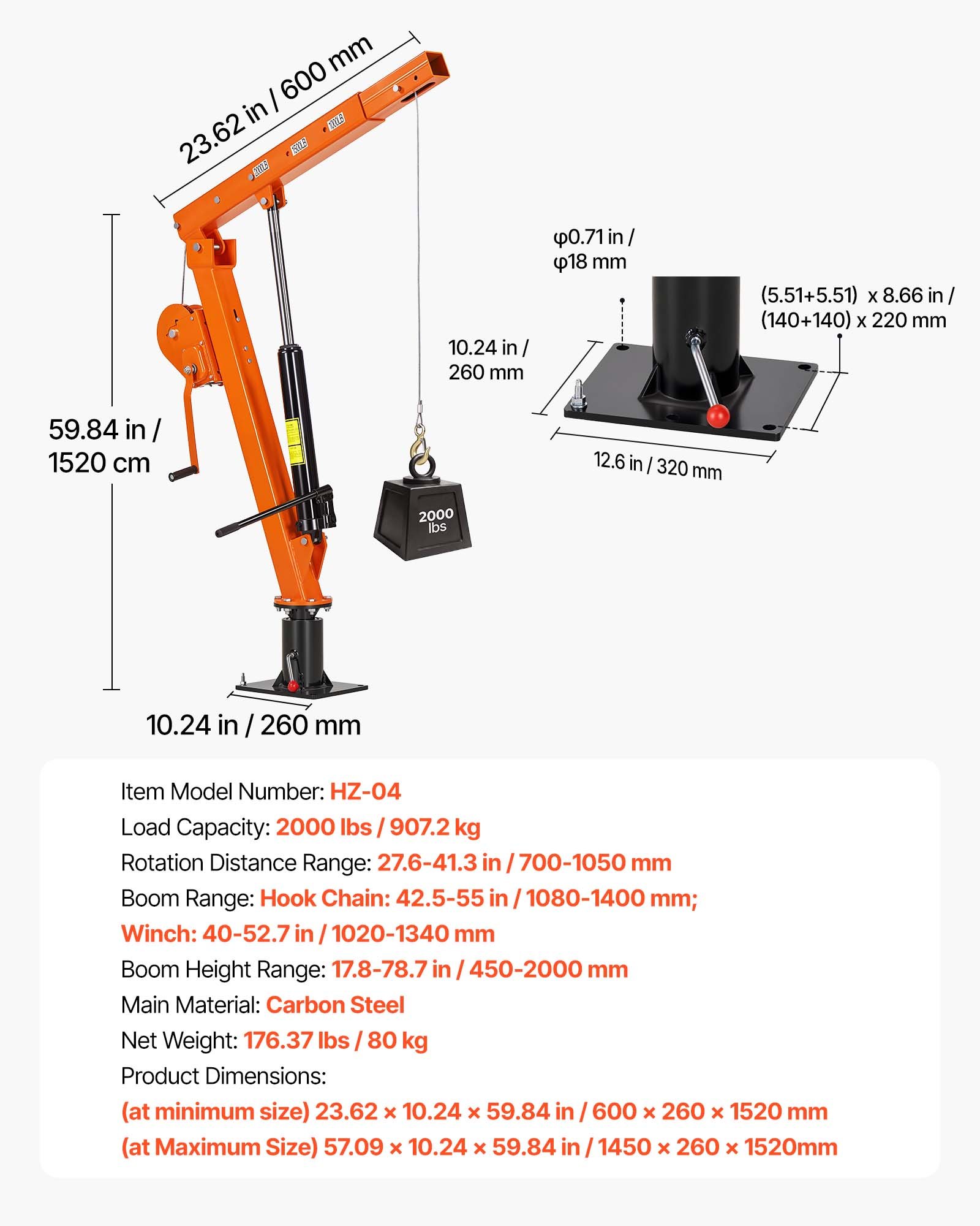 VEVOR Truck Crane, 907.2 kg Manual Pickup Truck Crane Truck-Mounted with Hand Winch & 12T Hydraulic Jack, 360° Rotating Telescopic Boom, Foldable Truck Bed Jib for Machine Lumber Equipment Lifting