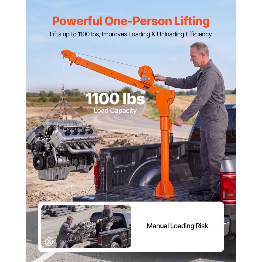 VEVOR Truck Crane, 1100 lbs Manual Pickup Truck Crane with Hand Winch, 360° Rotating Telescopic Boom, Premium Galvanized Steel, Foldable Pickup Bed Jib for Machine Lumber Attic Heavy Load Lifting