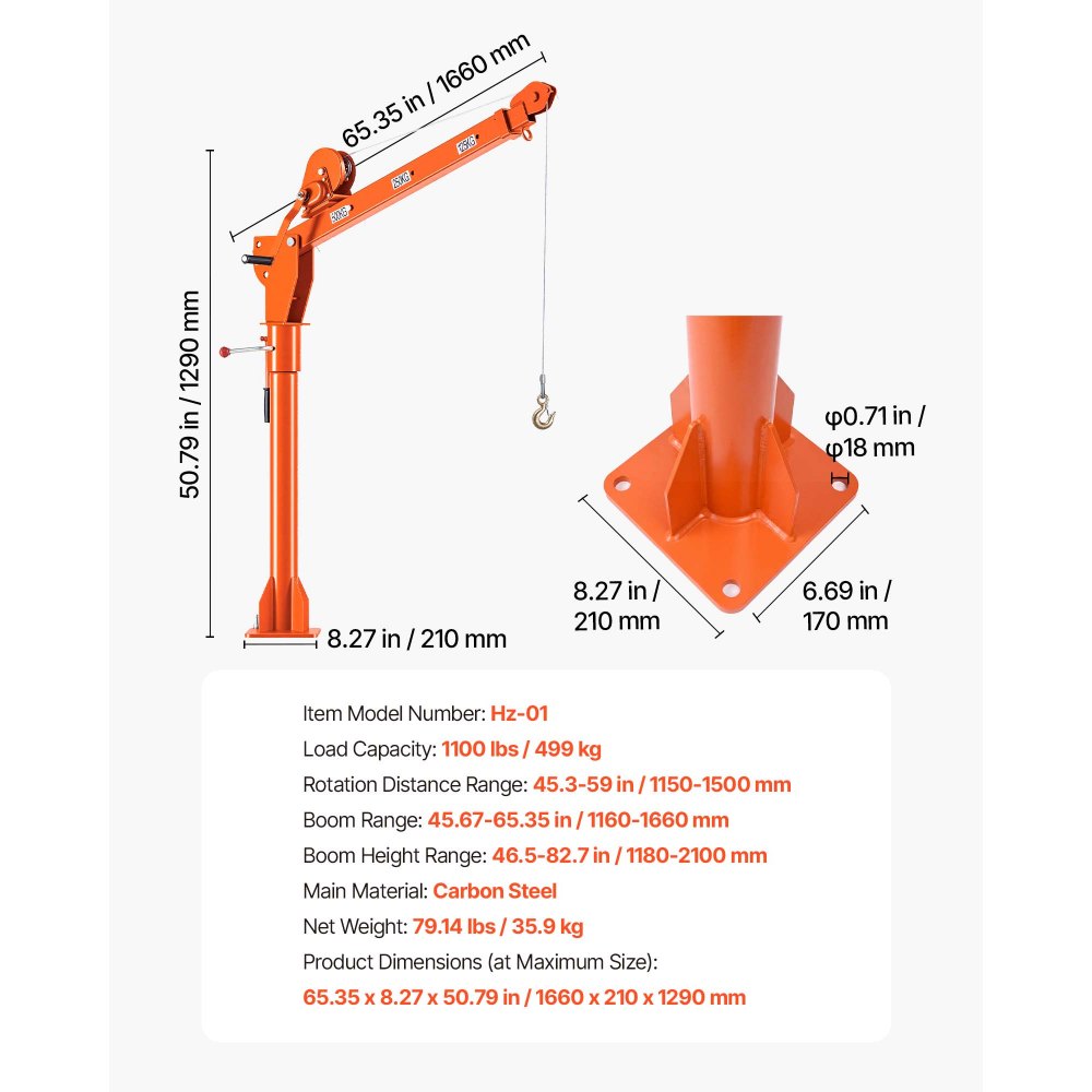 VEVOR Truck Crane, 1100 lbs Manual Pickup Truck Crane with Hand Winch, 360° Rotating Telescopic Boom, Premium Galvanized Steel, Foldable Pickup Bed Jib for Machine Lumber Attic Heavy Load Lifting